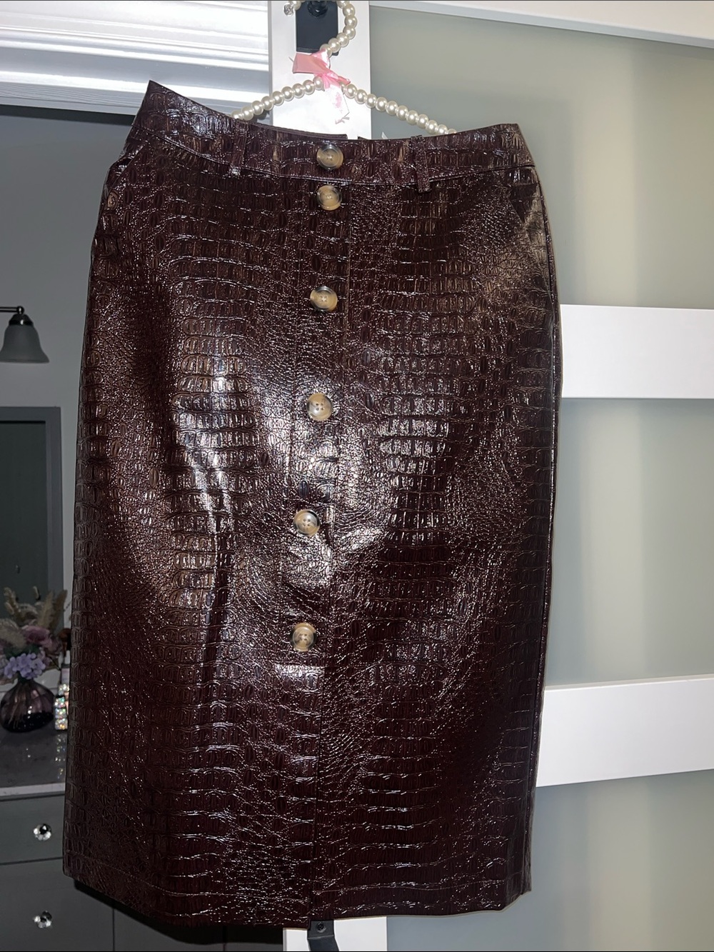 Faux Croc Button-Front Pencil Skirt in Dark Brown